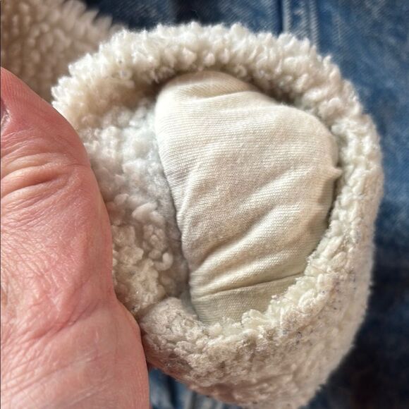 GAP Blue and White Jean Jacket with Cozy Fleece Sleeves - Picture 16 of 16